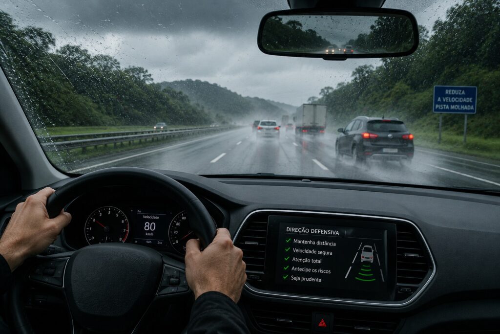 Direção defensiva em rodovia com chuva