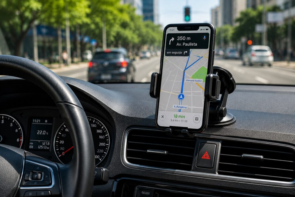 Smartphone com GPS em suporte no painel do carro