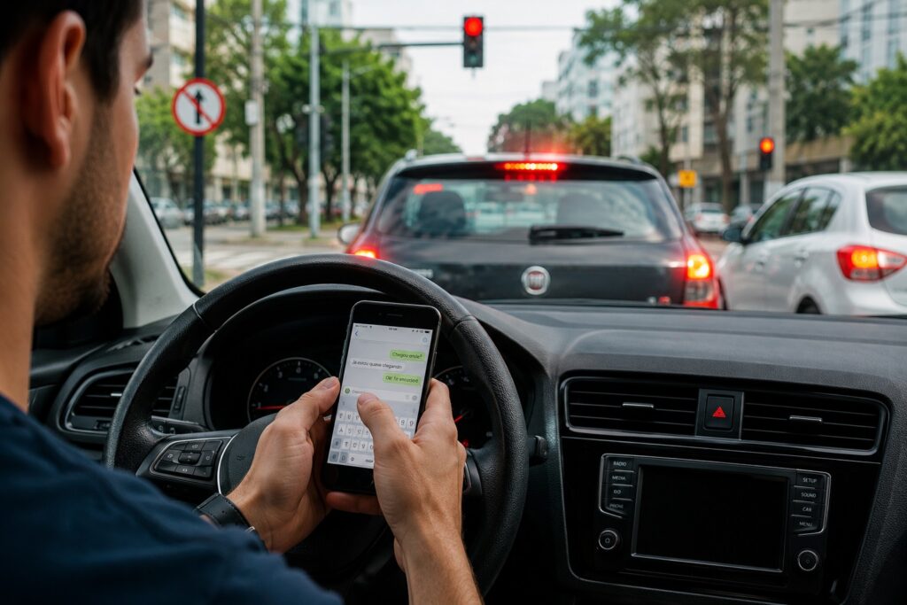 Motorista mexendo no celular parado no sinal vermelho