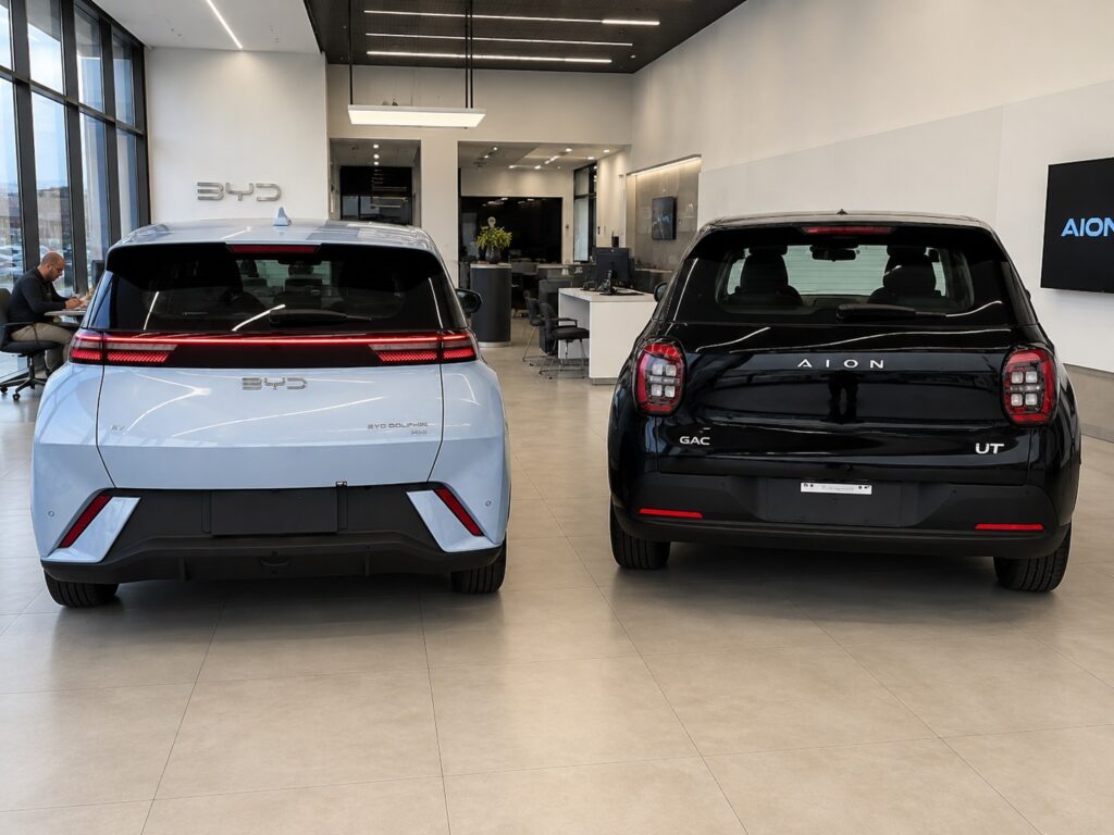 Traseira do GAC Aion UT Premium e BYD Dolphin Mini GS em comparativo