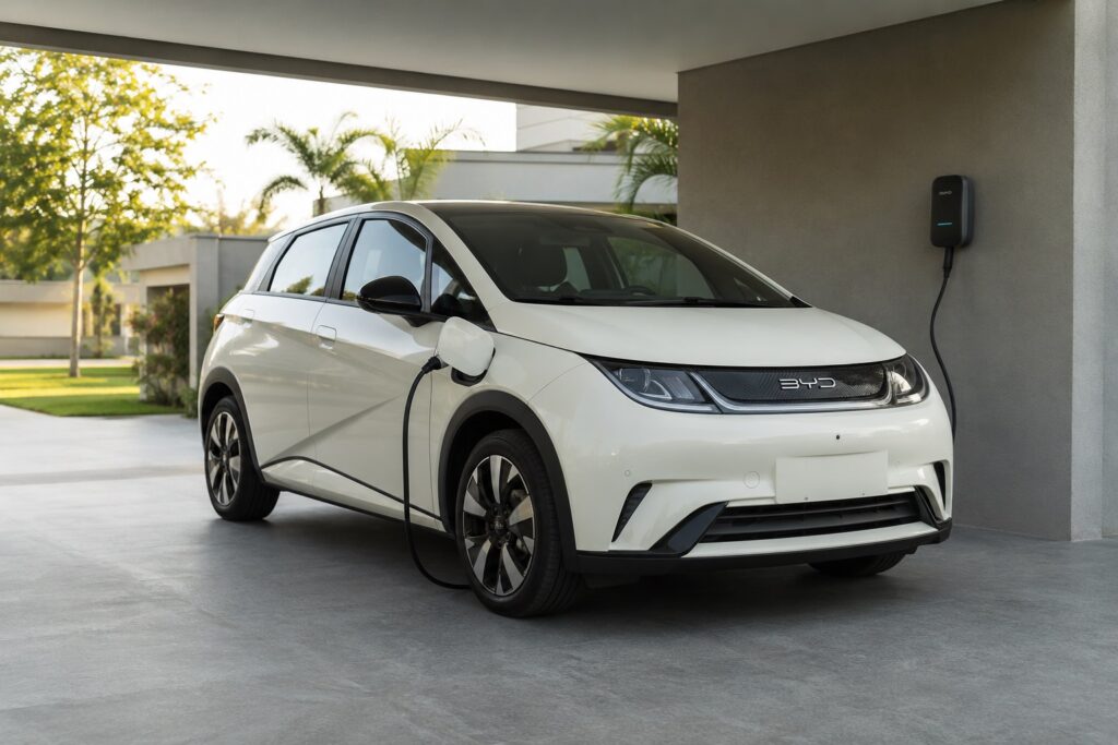 BYD Dolphin branco conectado a carregador residencial em garagem coberta