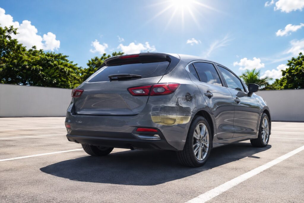Carro estacionado ao sol com ilustração do tanque de combustível e formação de vapores