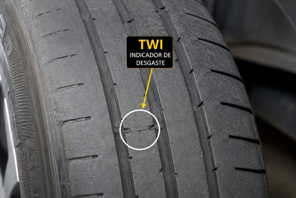Pneu desgastado próximo do limite indicado pelo TWI