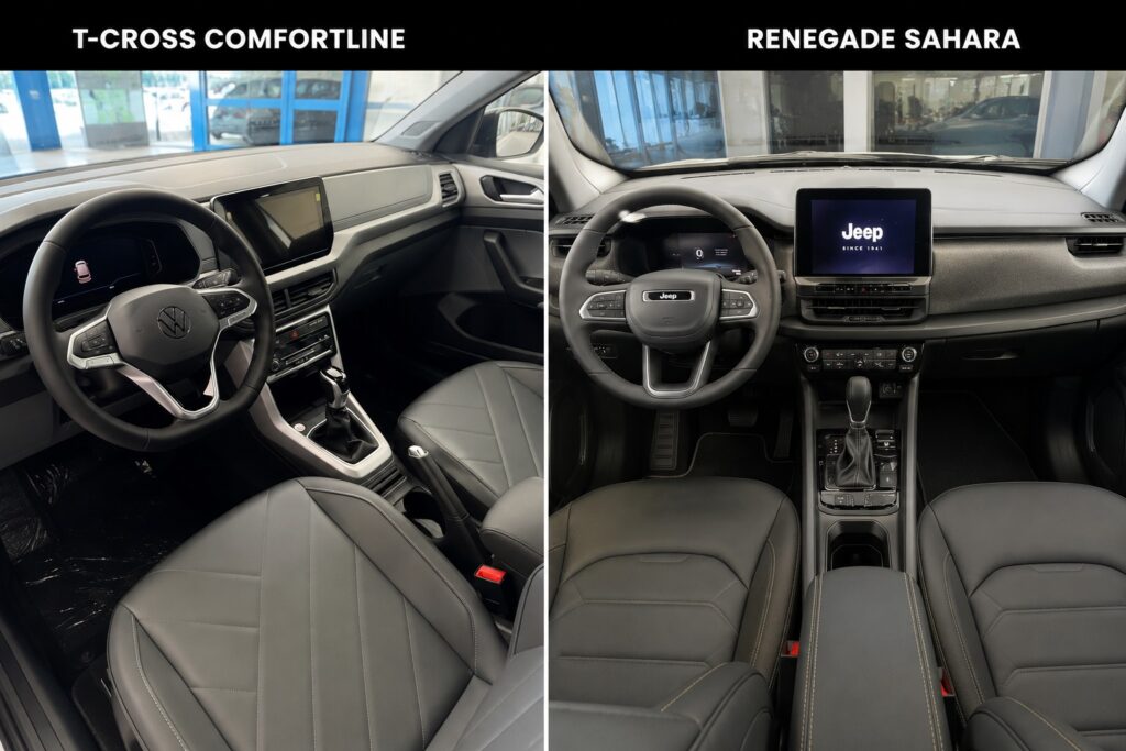 Interior do T-Cross Comfortline comparado ao Renegade Sahara