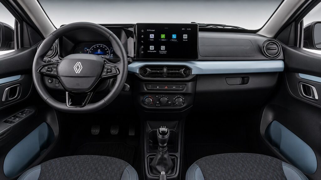 Interior do Renault Kwid 2027 com painel e central multimídia