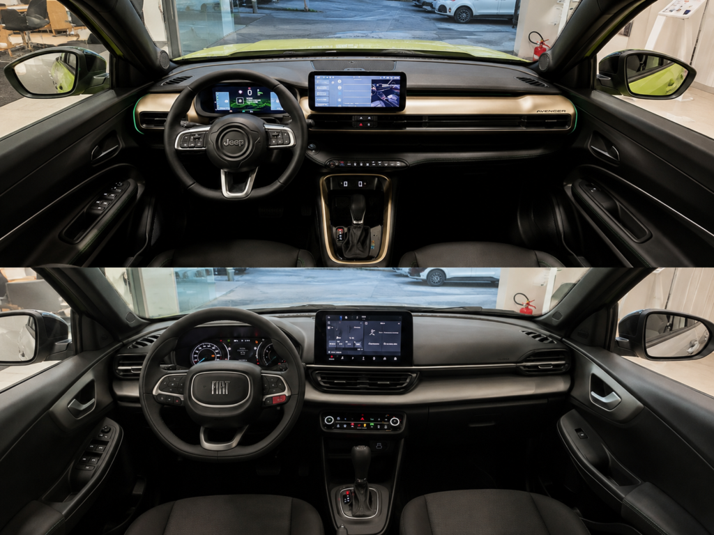 Interior do Fiat Pulse Audace e Jeep Avenger Altitude com painel e central multimídia