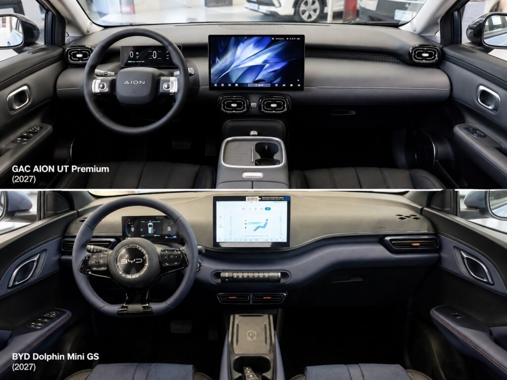 Interior do GAC Aion UT Premium e BYD Dolphin Mini GS lado a lado