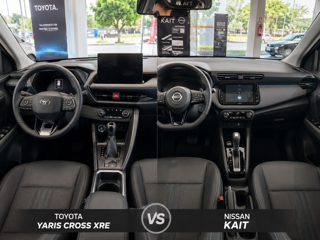 Interior do Nissan Kait Exclusive comparado ao Toyota Yaris Cross XRE