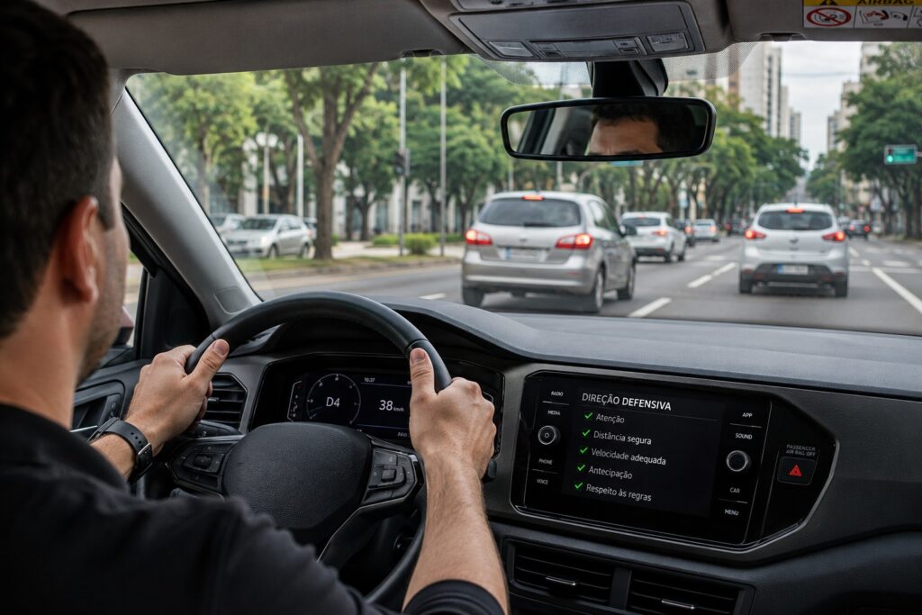 Motorista praticando direção defensiva no trânsito