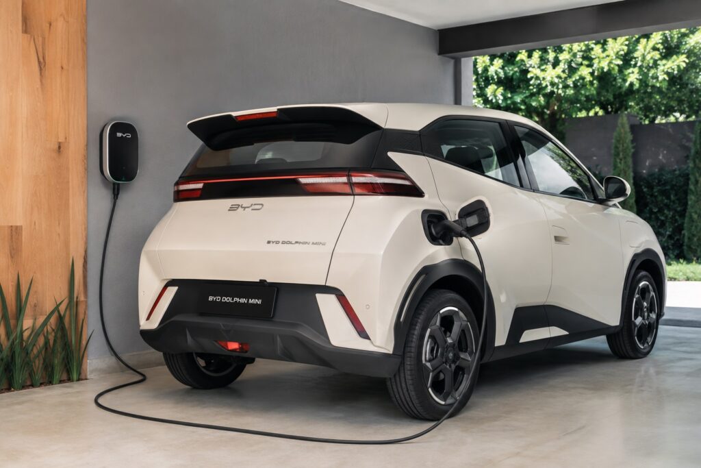 BYD Dolphin Mini elétrico conectado a carregador residencial em garagem