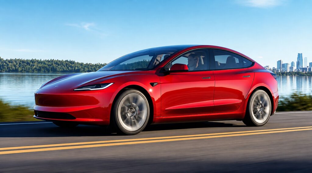 Tesla Model 3 vermelho em movimento na estrada