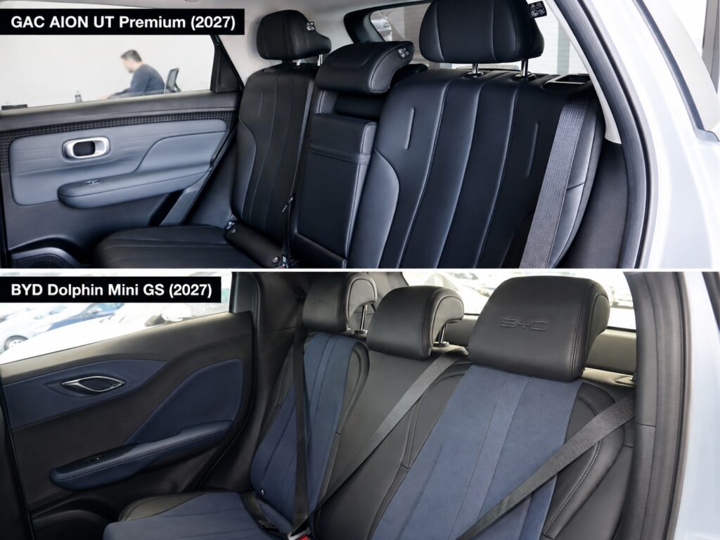 Bancos traseiros do GAC Aion UT Premium e BYD Dolphin Mini GS