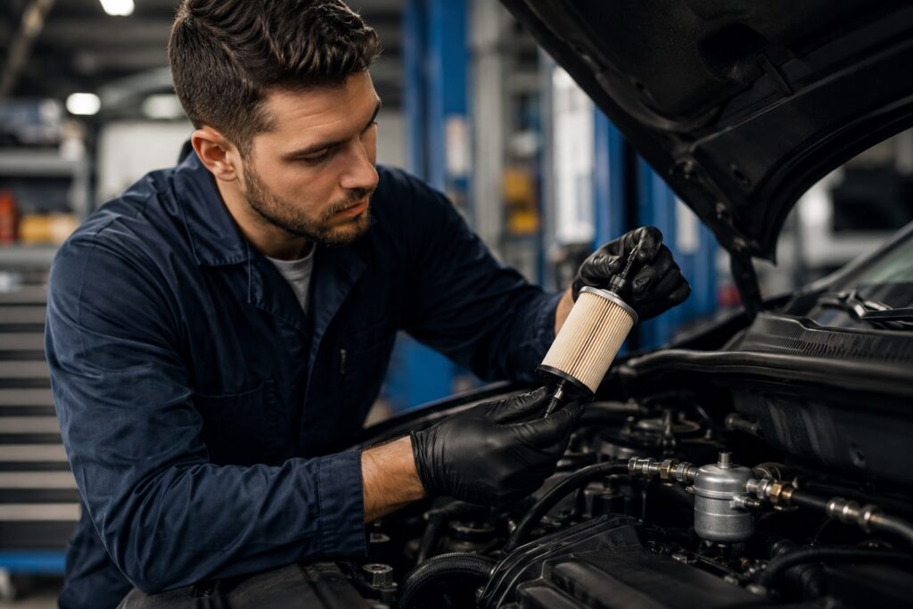 Mecânico verificando o filtro e o sistema de combustível de um carro.