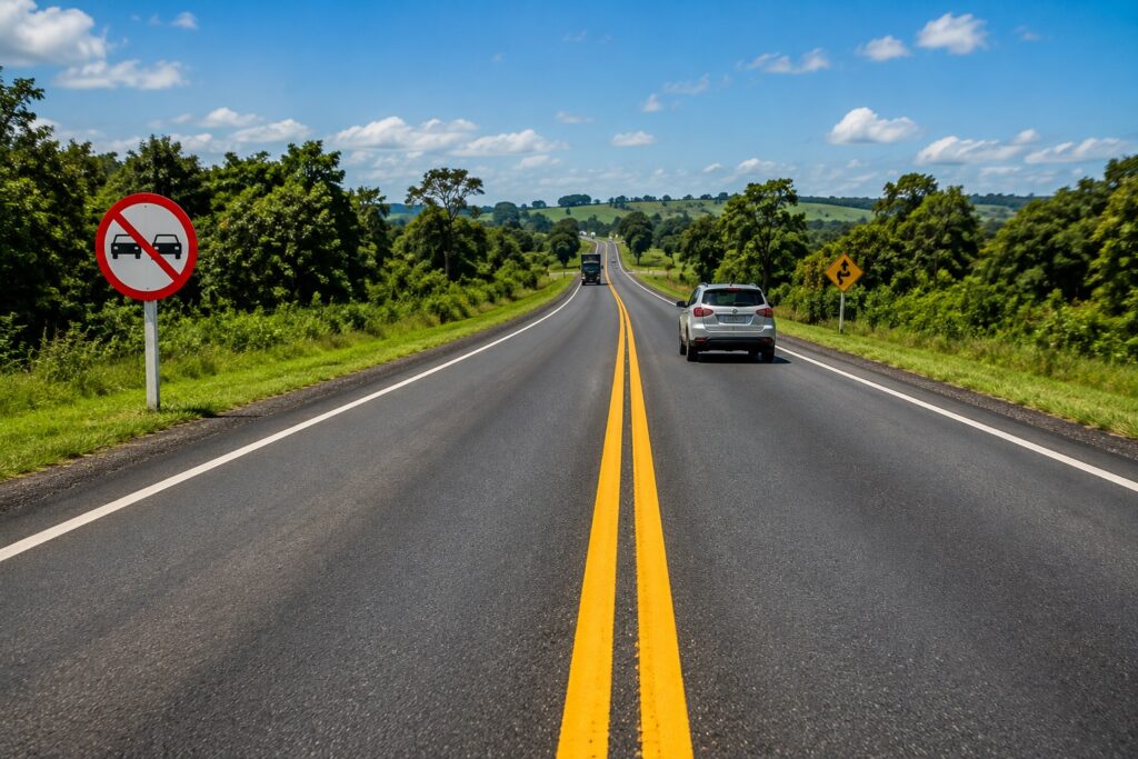 Faixa amarela contínua proibindo ultrapassagem na estrada