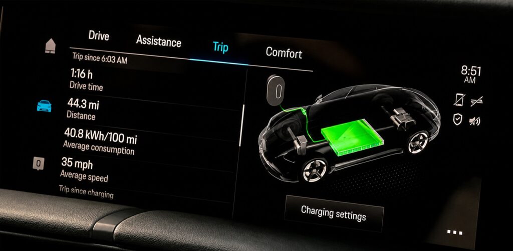 Painel do Porsche Taycan mostrando bateria e configurações de carregamento