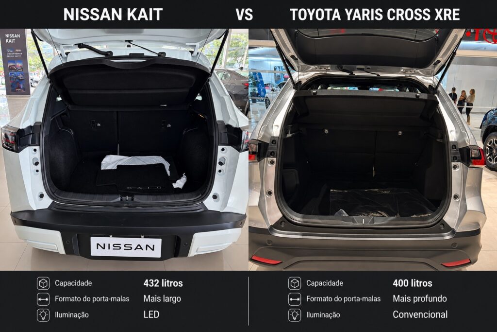 Porta-malas do Nissan Kait e Toyota Yaris Cross XRE abertos