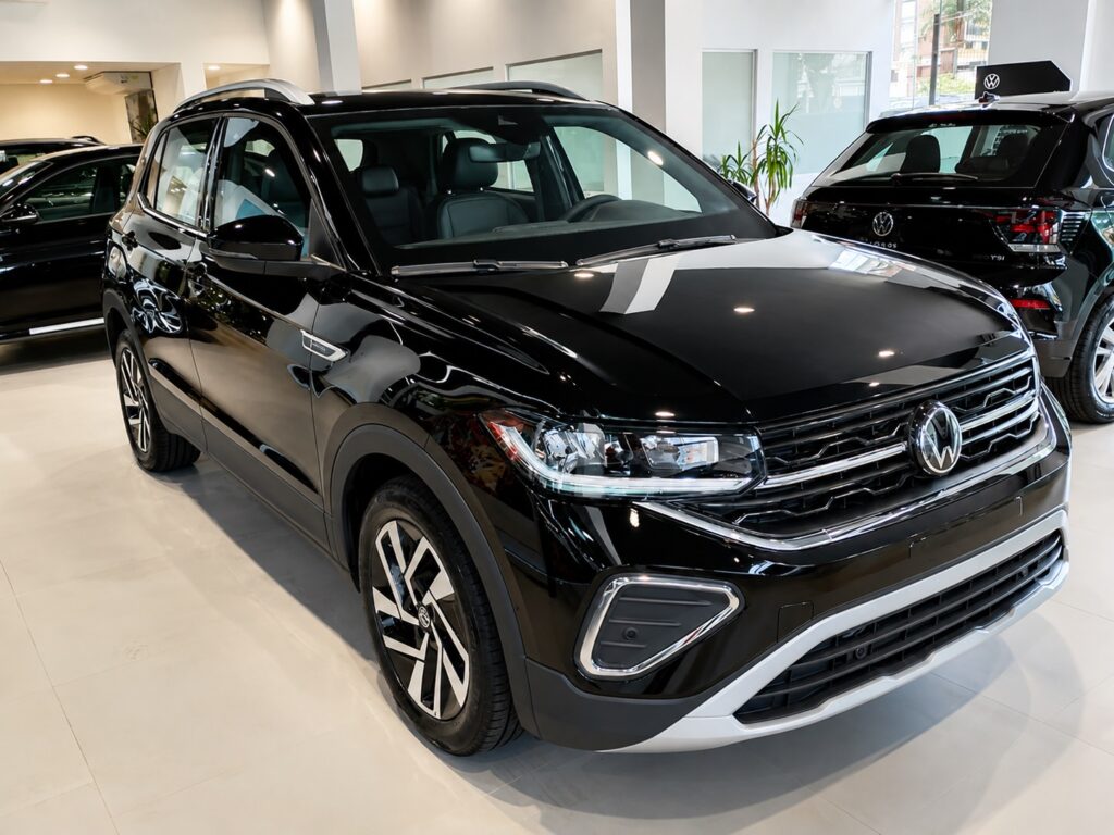 Volkswagen T-Cross preto em exposição na concessionária