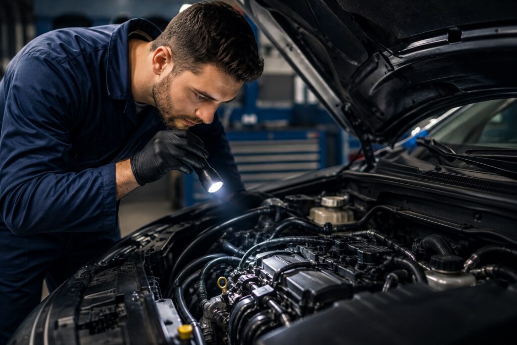 Mecânico inspecionando o motor do carro com uma lanterna