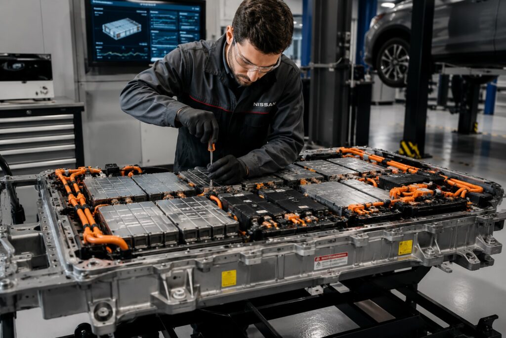 Profissional realizando manutenção em bateria de carro elétrico