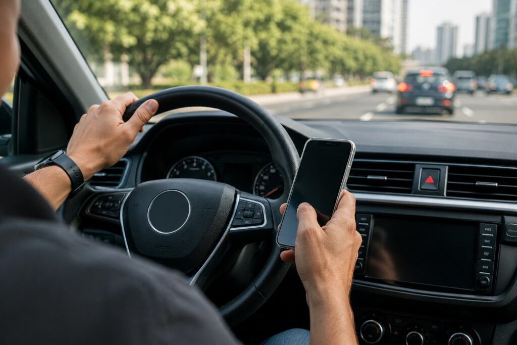 Motorista segurando celular ao volante enquanto dirige