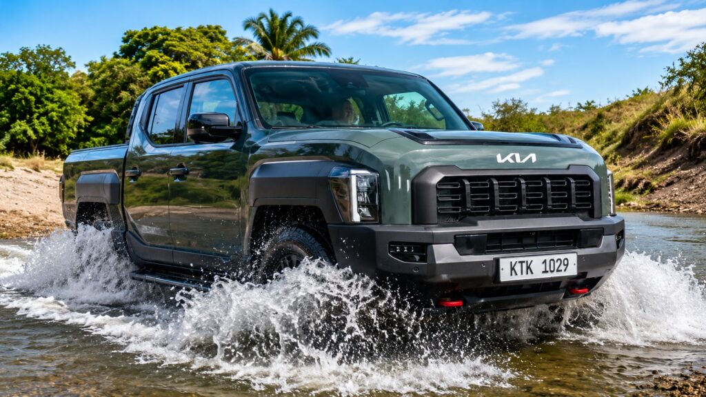 Kia Tasman atravessando trecho alagado em teste off-road