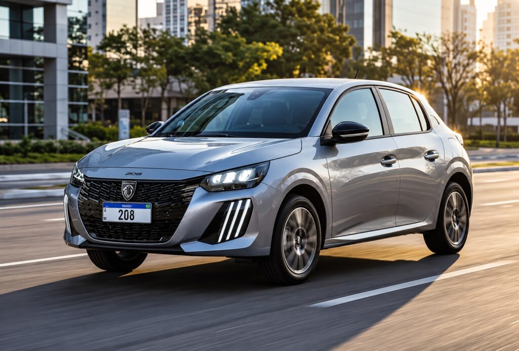 Peugeot 208 2027 prata rodando em avenida