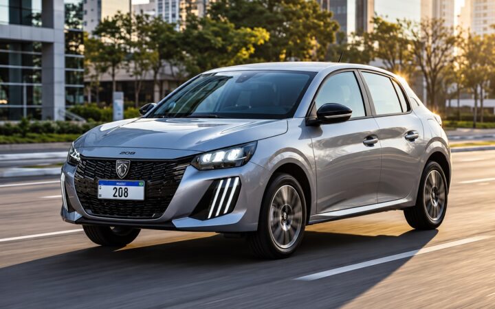 Peugeot 208 2027 prata rodando em avenida