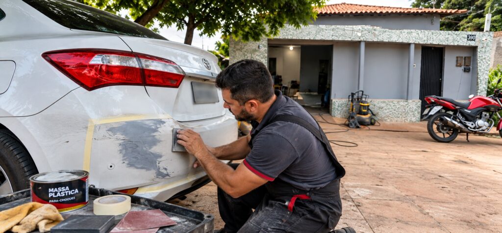 Reparador automotivo realiza conserto de para-choque danificado