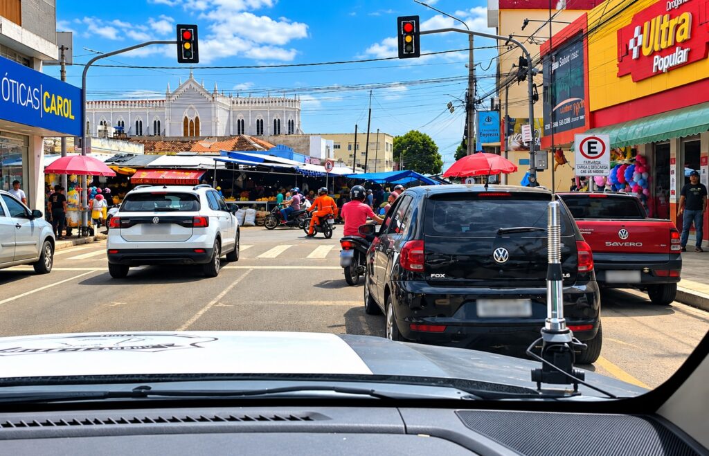Veículos no trânsito do Centro de Picos durante fiscalização de estacionamento
