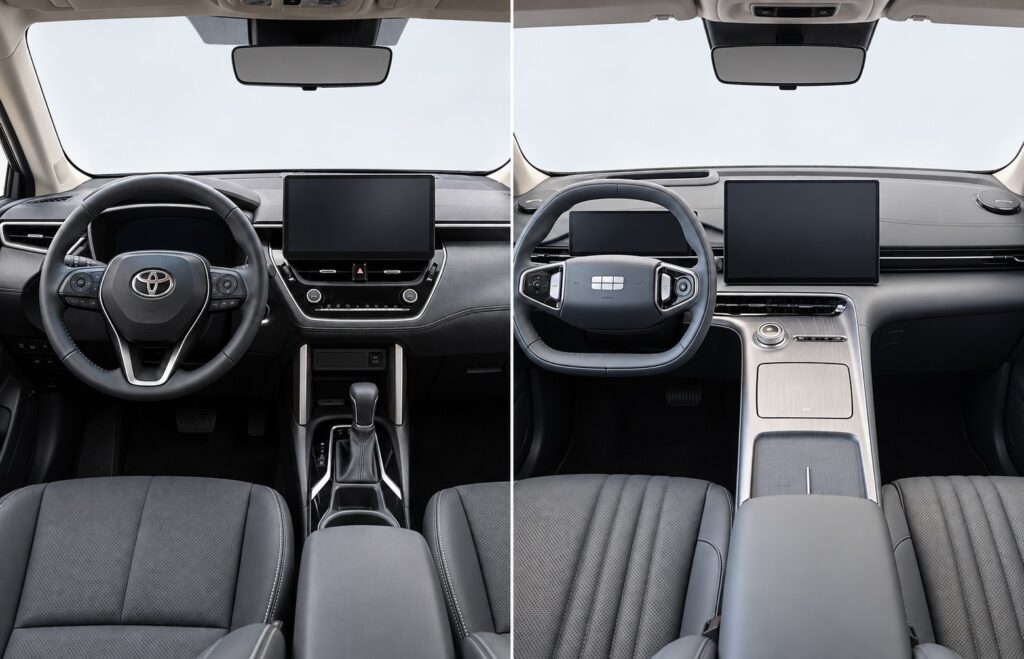 Interiores do Toyota Corolla Cross Hybrid e Geely EX5 comparados lado a lado