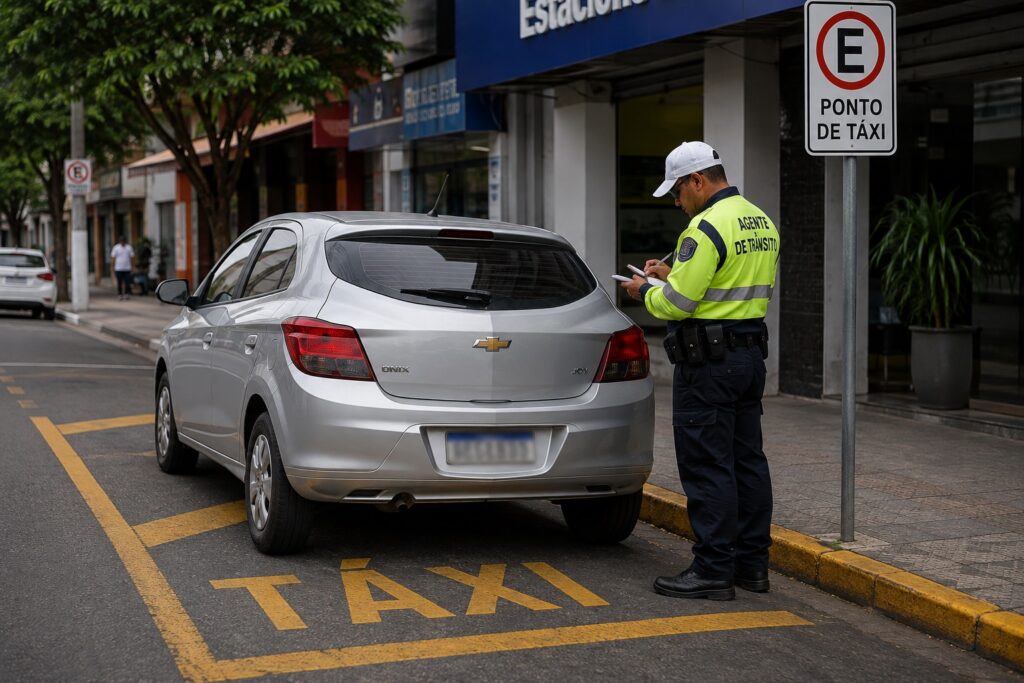 Agente de trânsito multa carro estacionado em ponto de táxi
