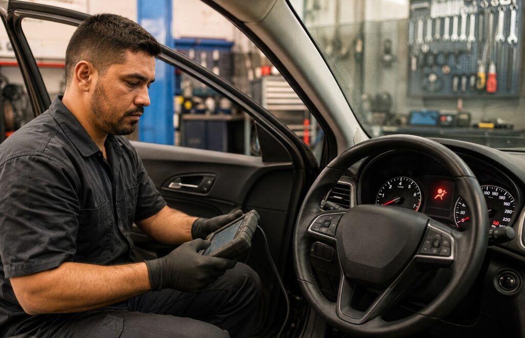Mecânico verifica luz do airbag acesa com scanner automotivo