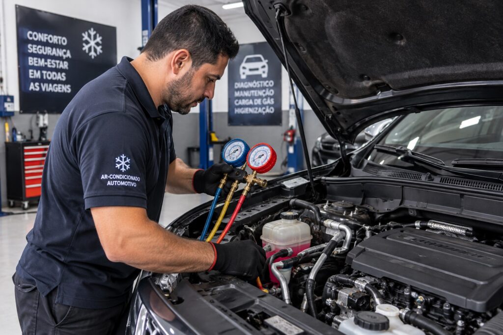Profissional verifica ar-condicionado automotivo em oficina