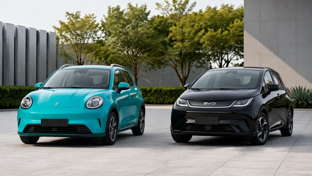 GWM Ora 5 e BYD Dolphin lado a lado em comparativo frontal