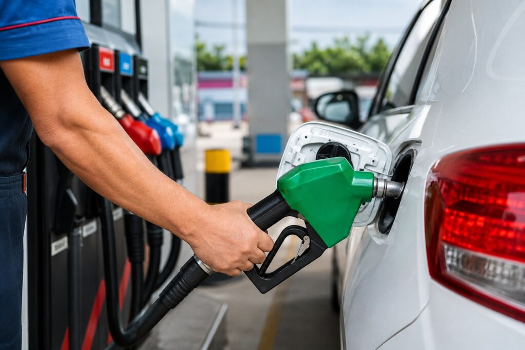 Carro sendo abastecido com gasolina em posto de combustível