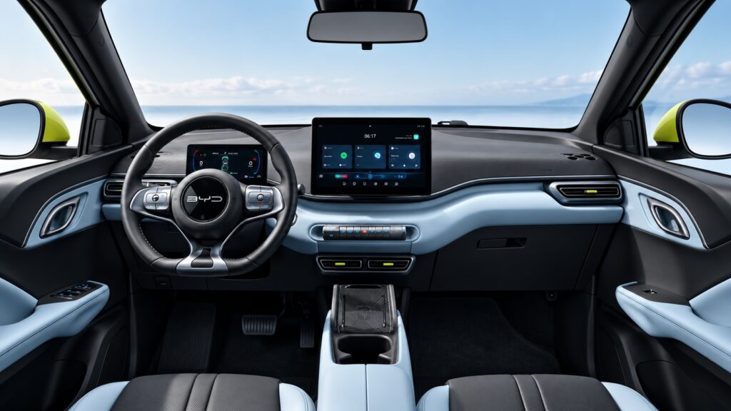 Interior do BYD Dolphin Mini 2027 com painel digital e central multimídia