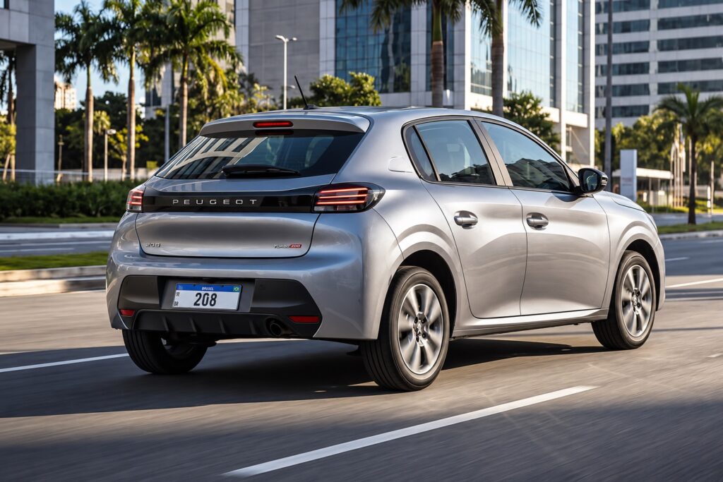 Peugeot 208 2027 visto de traseira em avenida