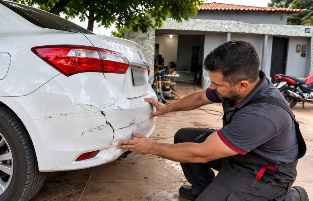 Profissional avalia para-choque trincado antes do reparo