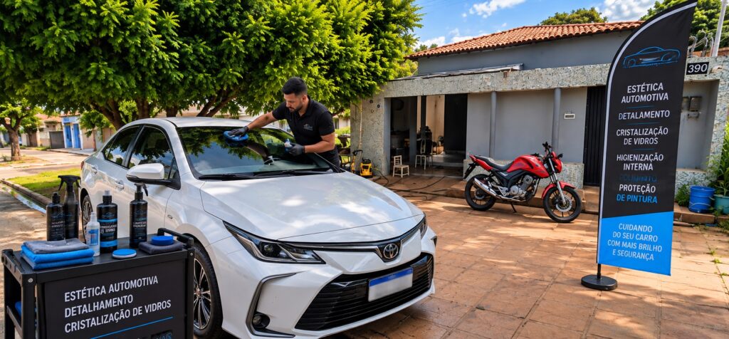 Profissional aplica cristalização no para-brisa de um carro