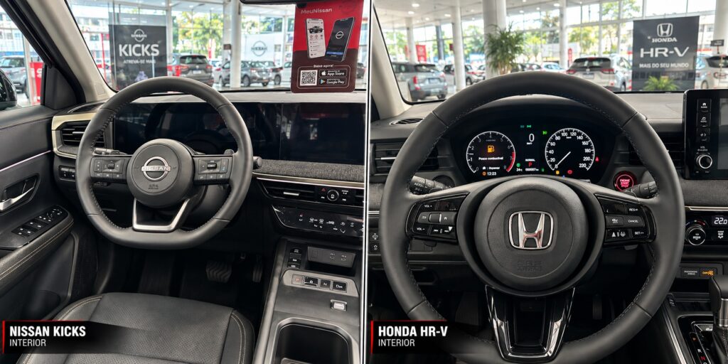 Interior do Nissan Kicks e Honda HR-V lado a lado em comparativo