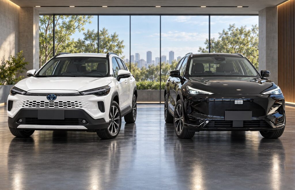 Toyota Corolla Cross Hybrid branco e Geely EX5 preto lado a lado em comparativo