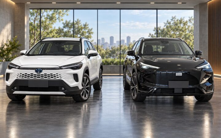 Toyota Corolla Cross Hybrid branco e Geely EX5 preto lado a lado em comparativo