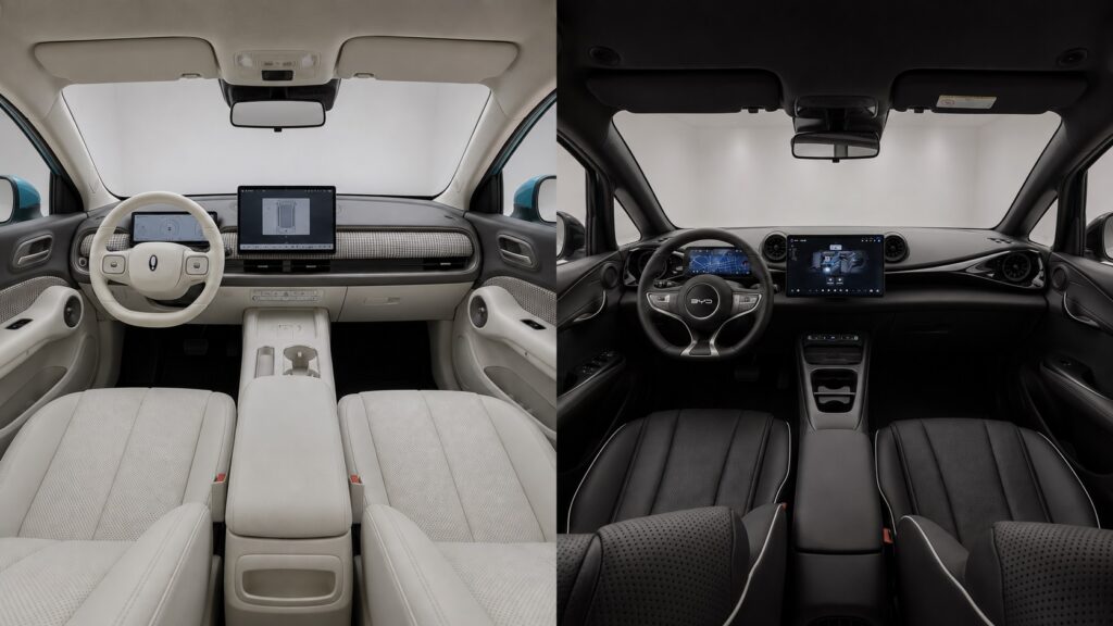 Interiores do GWM Ora 5 e BYD Dolphin em comparativo