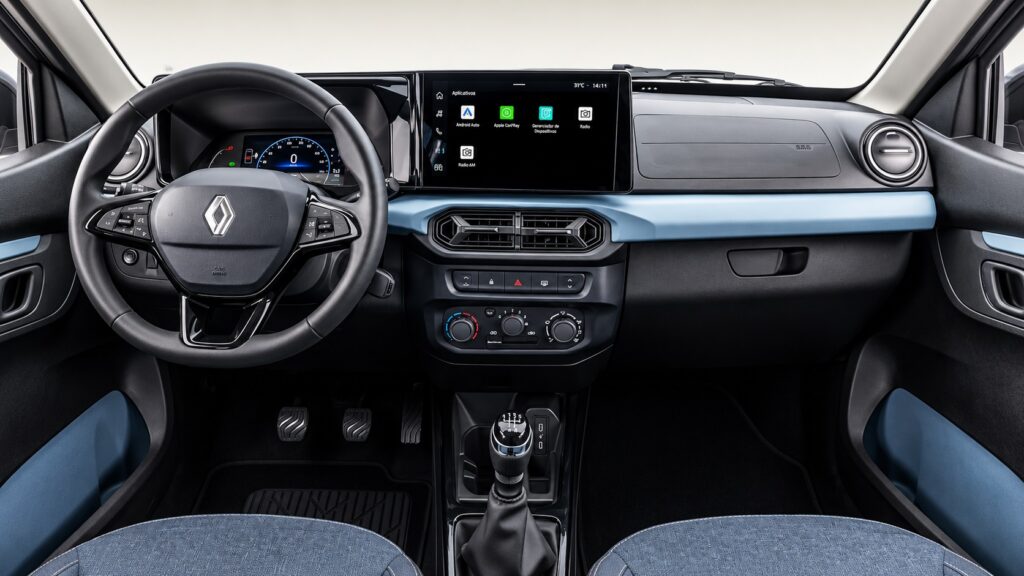 Interior do Renault Kwid 2027 com central multimídia