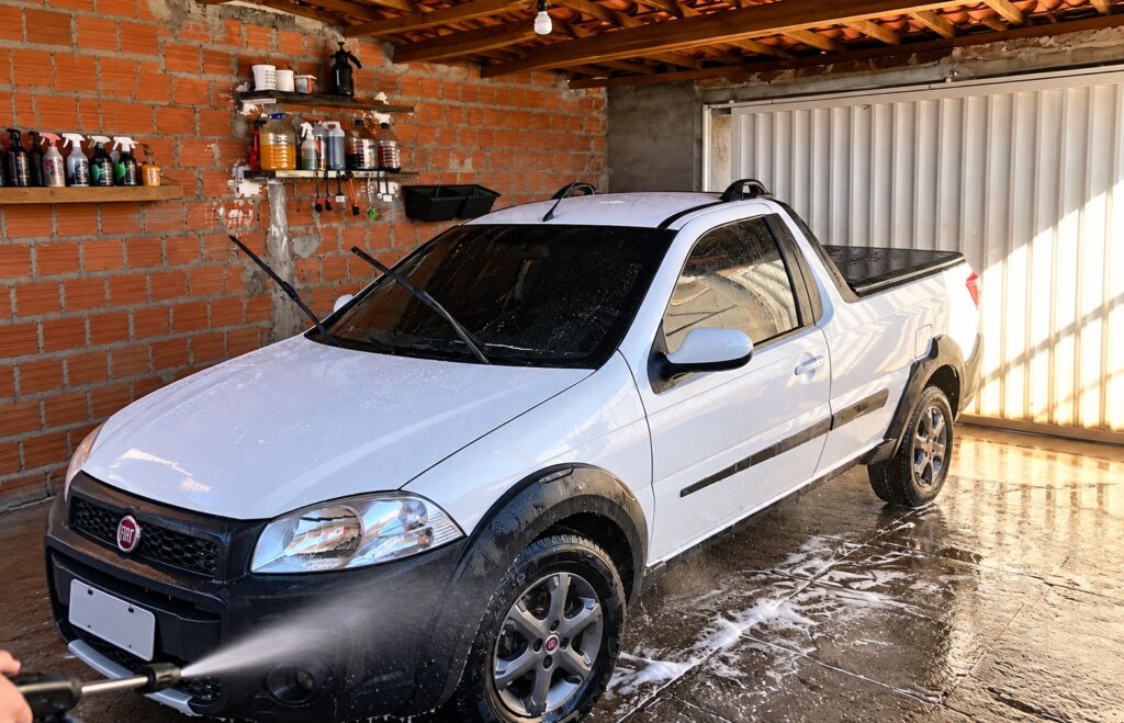 Lavagem de Fiat Strada antes dos cuidados com a pintura