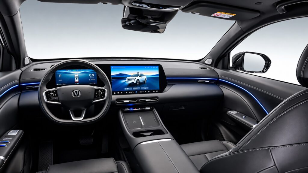 Interior do CAOA Changan CS55 2027 com painel digital e central multimídia