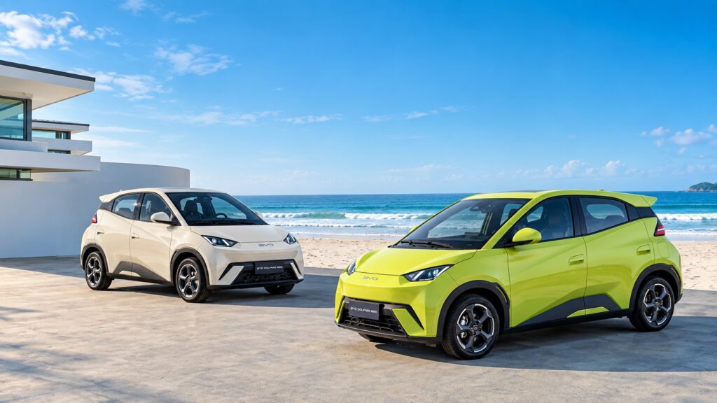 BYD Dolphin Mini 2027 verde e branco lado a lado